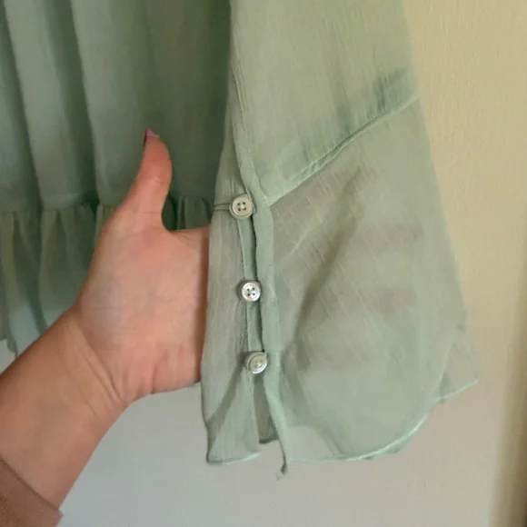 Free People Callie Sheer Flowy Light Green Ruffled Tunic Blouse Boho Drapey Chic - Picture 5 of 10